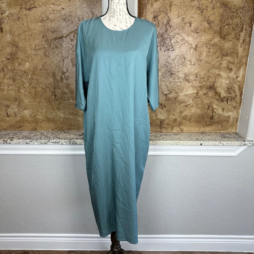 COS Long Sleeve Dress Sz‎ 4 Side Slits Casual Minimalist Midi Green Blue
